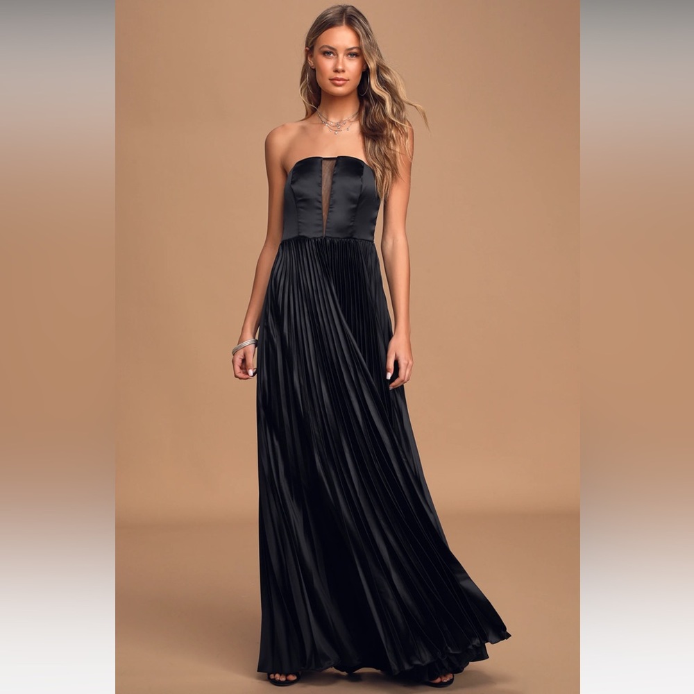 Lulus Always Be My Love Black Satin Strapless Pleated Maxi Dress